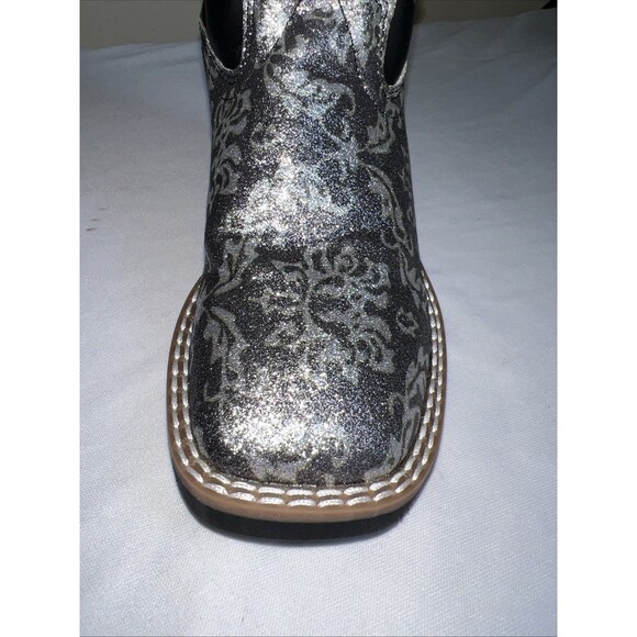 OLD WEST KIDS SQUARE TOE BLACK METALLIC SILVER BOOTS SIZE 11 - Picture 11 of 14